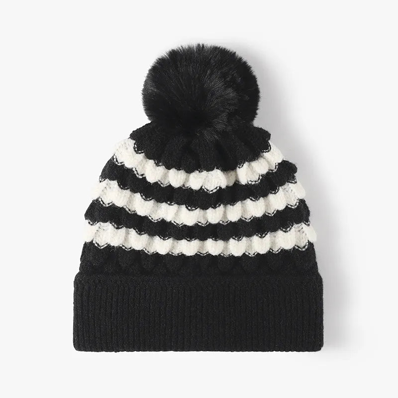 Striped Contrast Knit Hat with Pom-pom Black One Size for a perfect OOTD – dress to impress outfits from Amexza