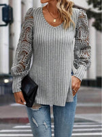 Side Slit V-Neck Lace Long Sleeve T-Shirt - Amexza