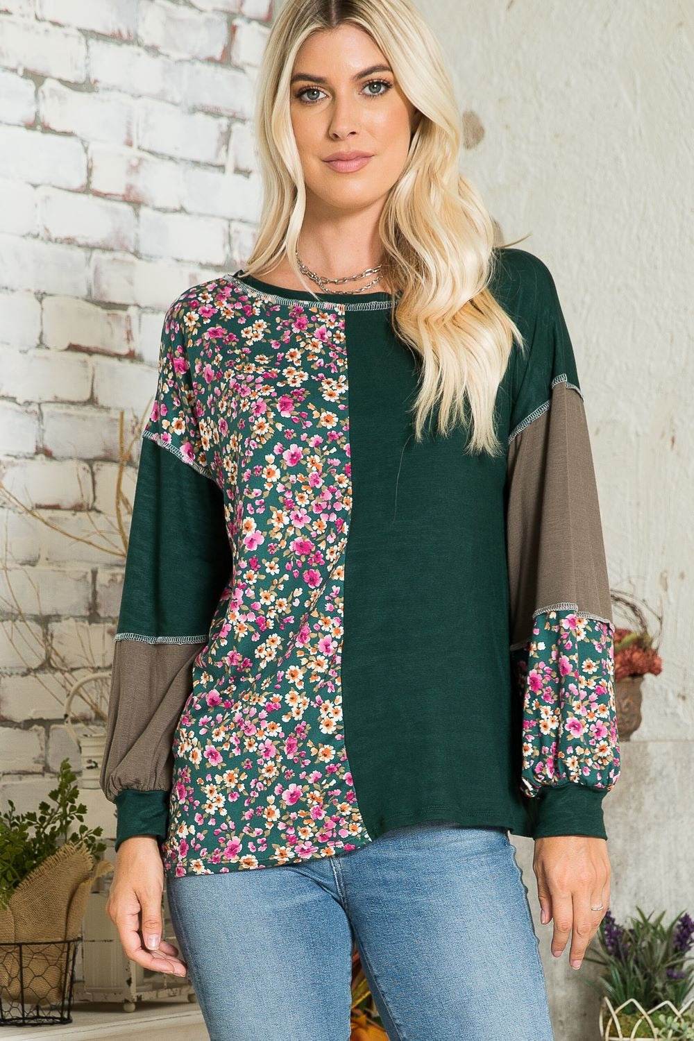 Celeste Full Size Floral Color Block Exposed Seam T-Shirt for a perfect OOTD – dress to impress outfits from Amexza