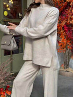 Slit Mock Neck Top and Pants Sweater Set for a perfect OOTD – dress to impress outfits from Amexza