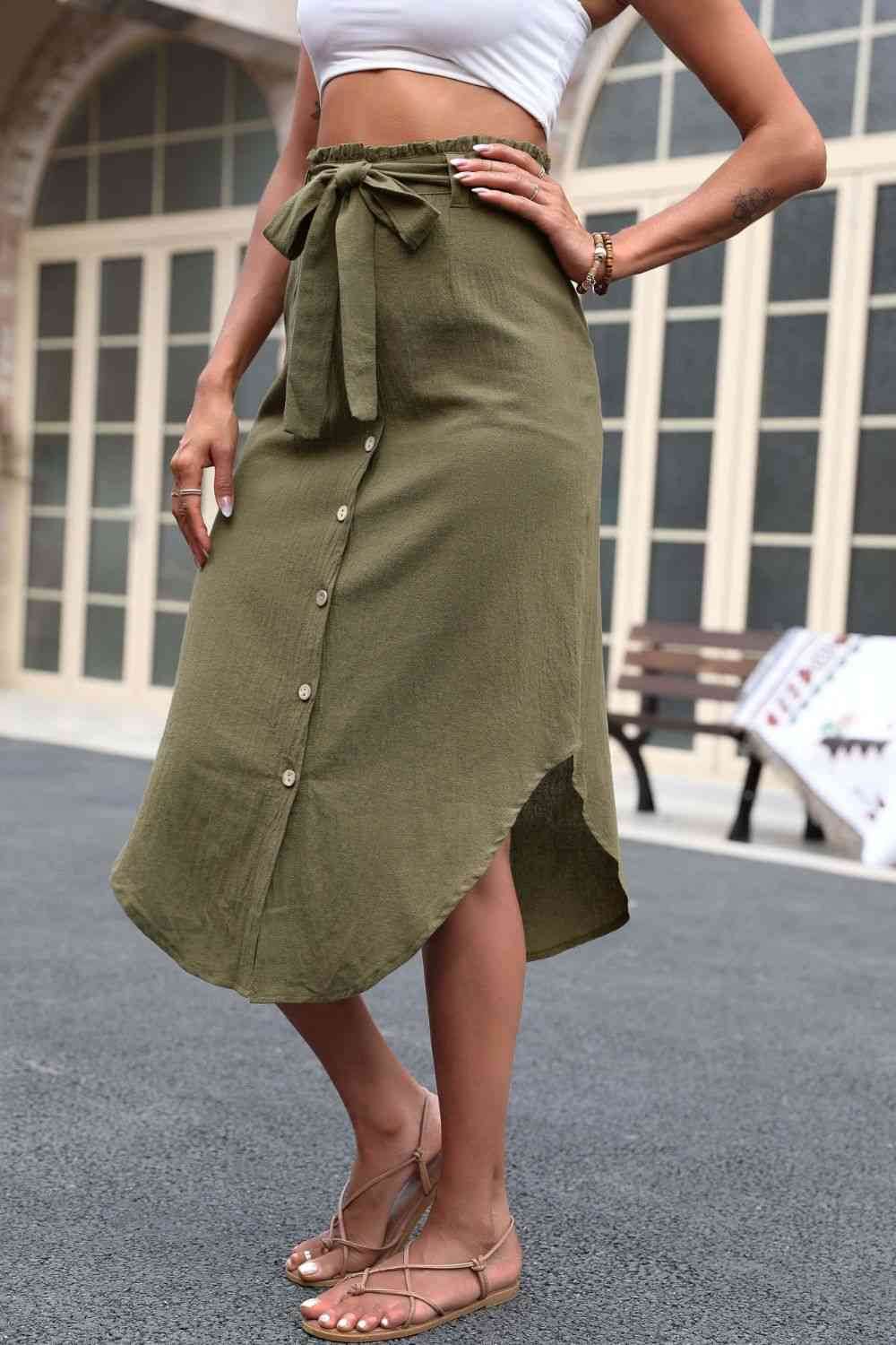 Perfee Tie Belt Frill Trim Buttoned Skirt for a perfect OOTD – dress to impress outfits from Amexza