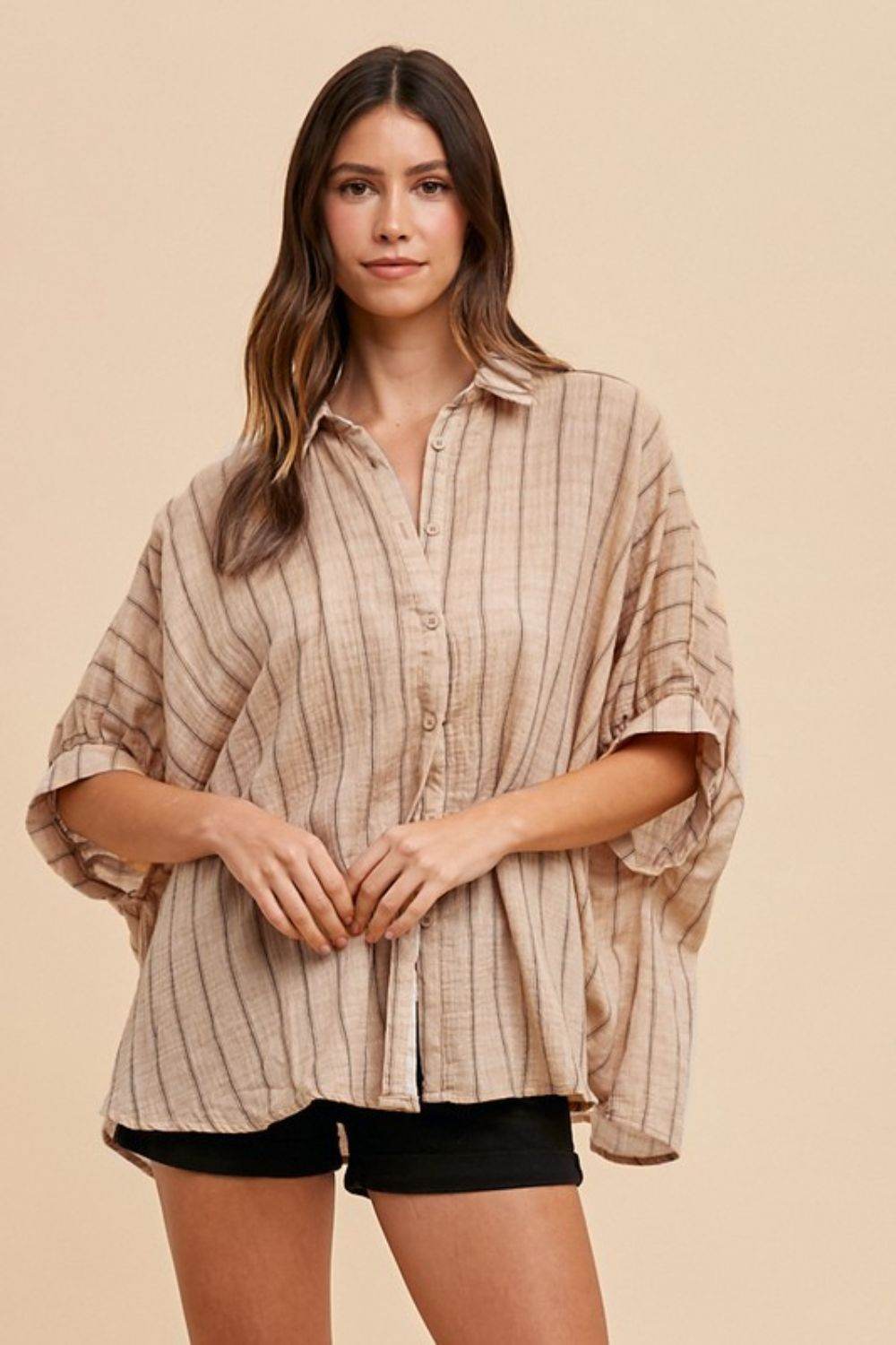 Annie Wear Striped Button Up Half Sleeve Shirt Latte for a perfect OOTD – dress to impress outfits from Amexza