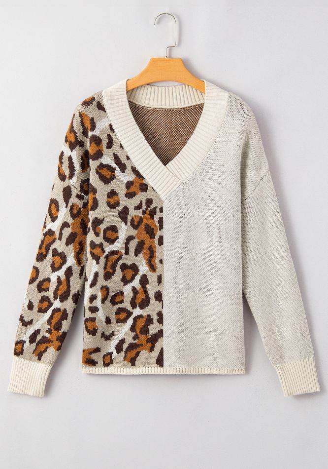 Leopard V Neck Drop Shoulder Sweater for a perfect OOTD – dress to impress outfits from Amexza