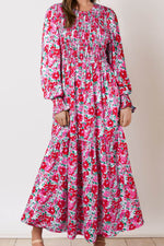 Printed Round Neck Lantern Sleeve Maxi Dress - Amexza