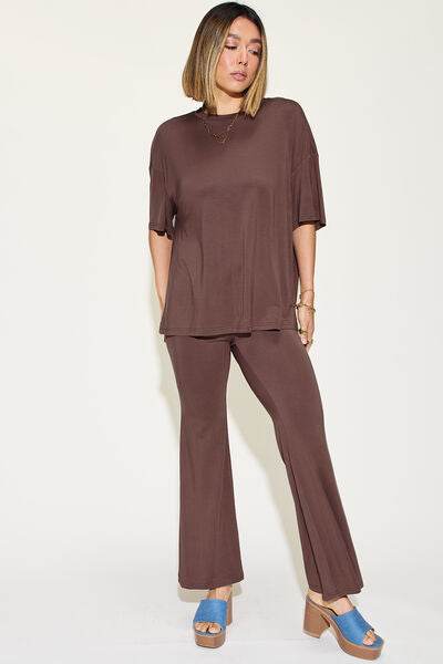 Basic Bae Full Size Bamboo Drop Shoulder T-Shirt and Flare Pants Set for a perfect OOTD – dress to impress outfits from Amexza