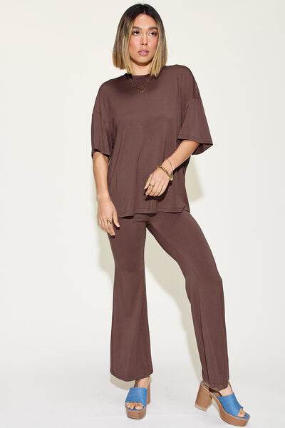 Basic Bae Full Size Bamboo Drop Shoulder T-Shirt and Flare Pants Set Chocolate for a perfect OOTD – dress to impress outfits from Amexza