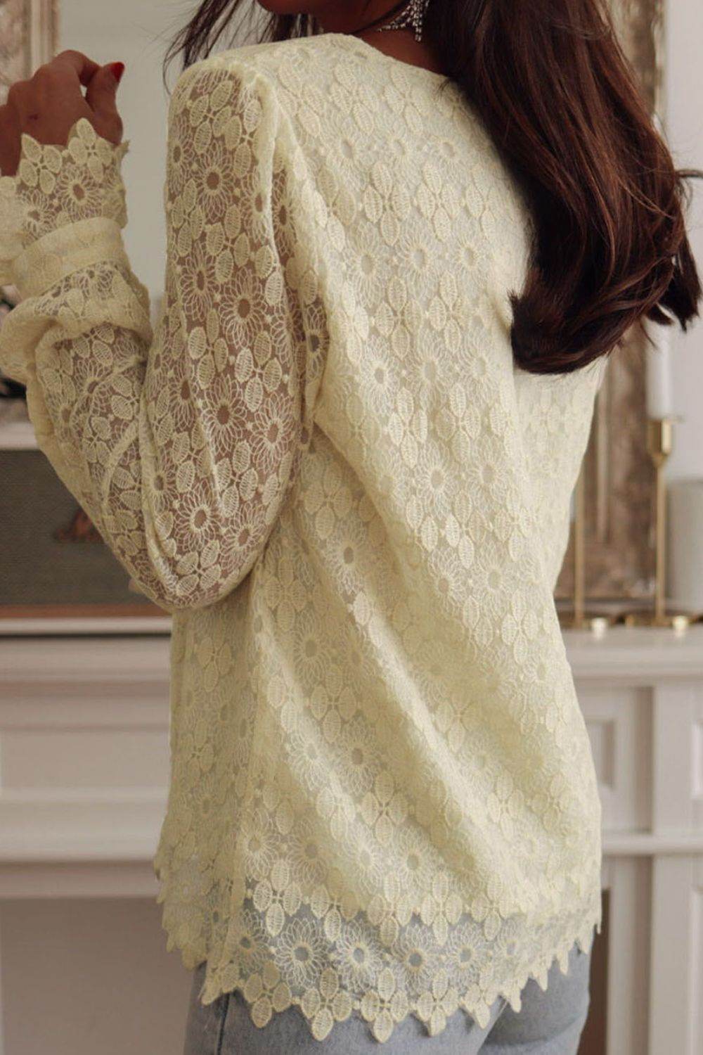 Lace Detail V-Neck Long Sleeve Blouse - Amexza