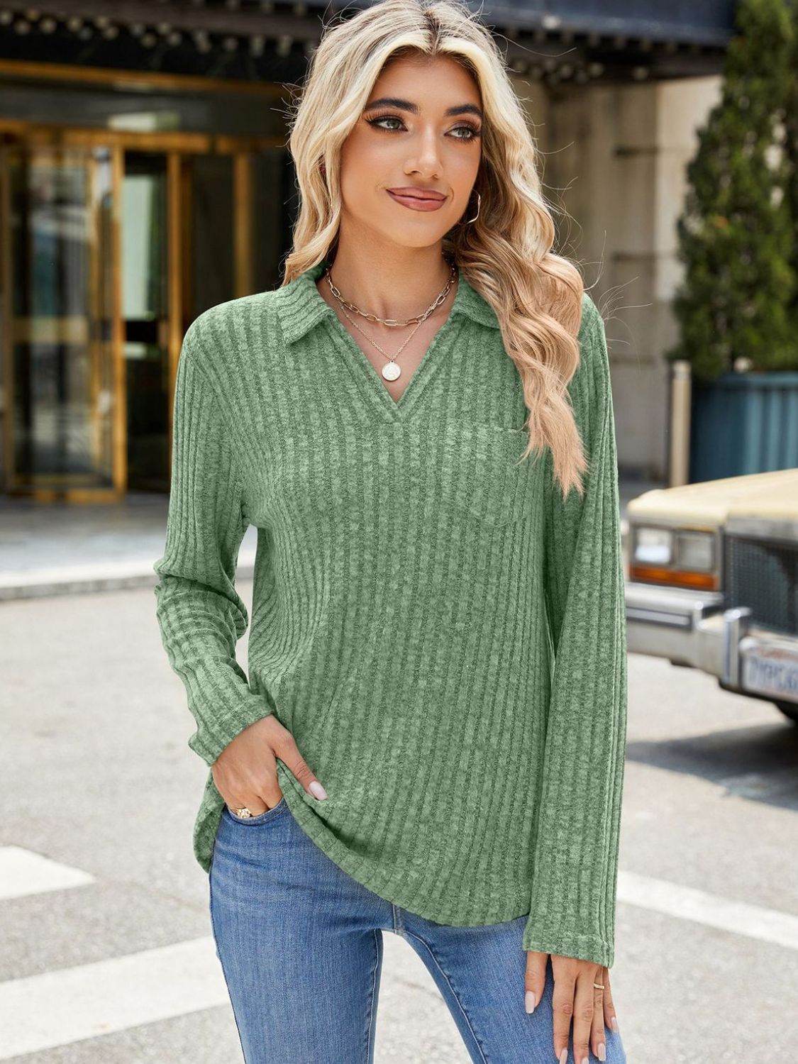 Ribbed Johnny Collar Long Sleeve T-Shirt for a perfect OOTD – dress to impress outfits from Amexza