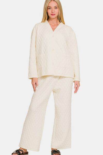 Zenana Quilted Button Up Long Sleeve Top and Pants Lounge Set Cream for a perfect OOTD – dress to impress outfits from Amexza