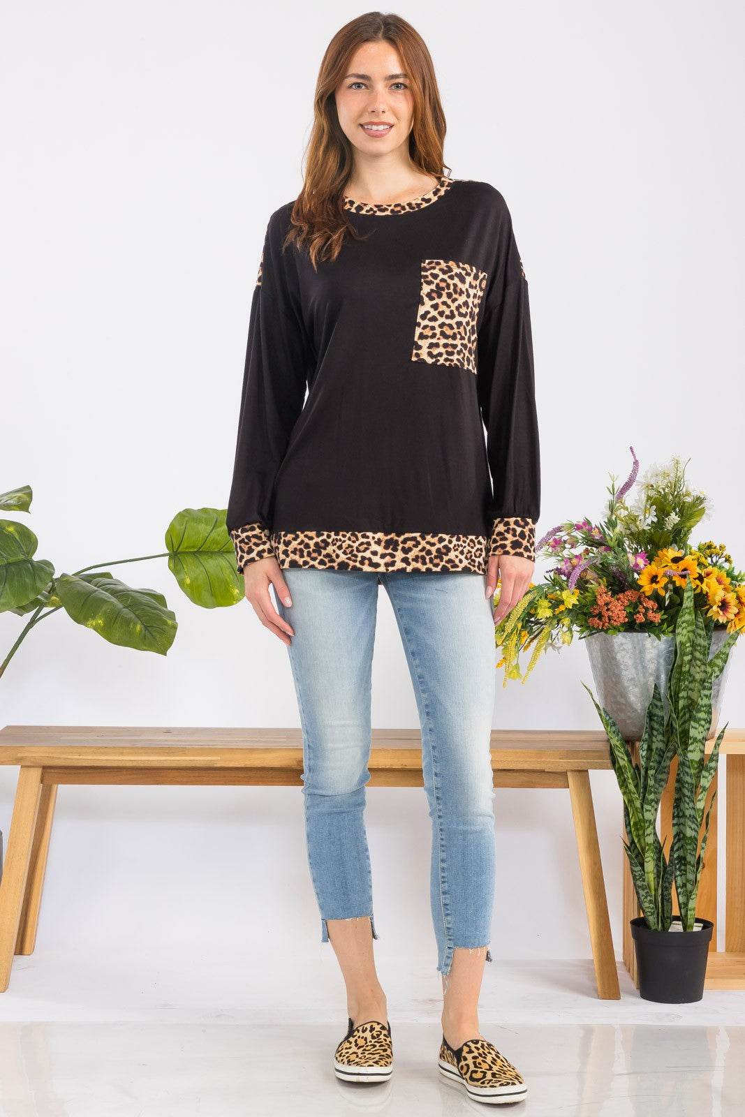 Celeste Full Size Leopard Round Neck Dropped Shoulder T-Shirt - Amexza