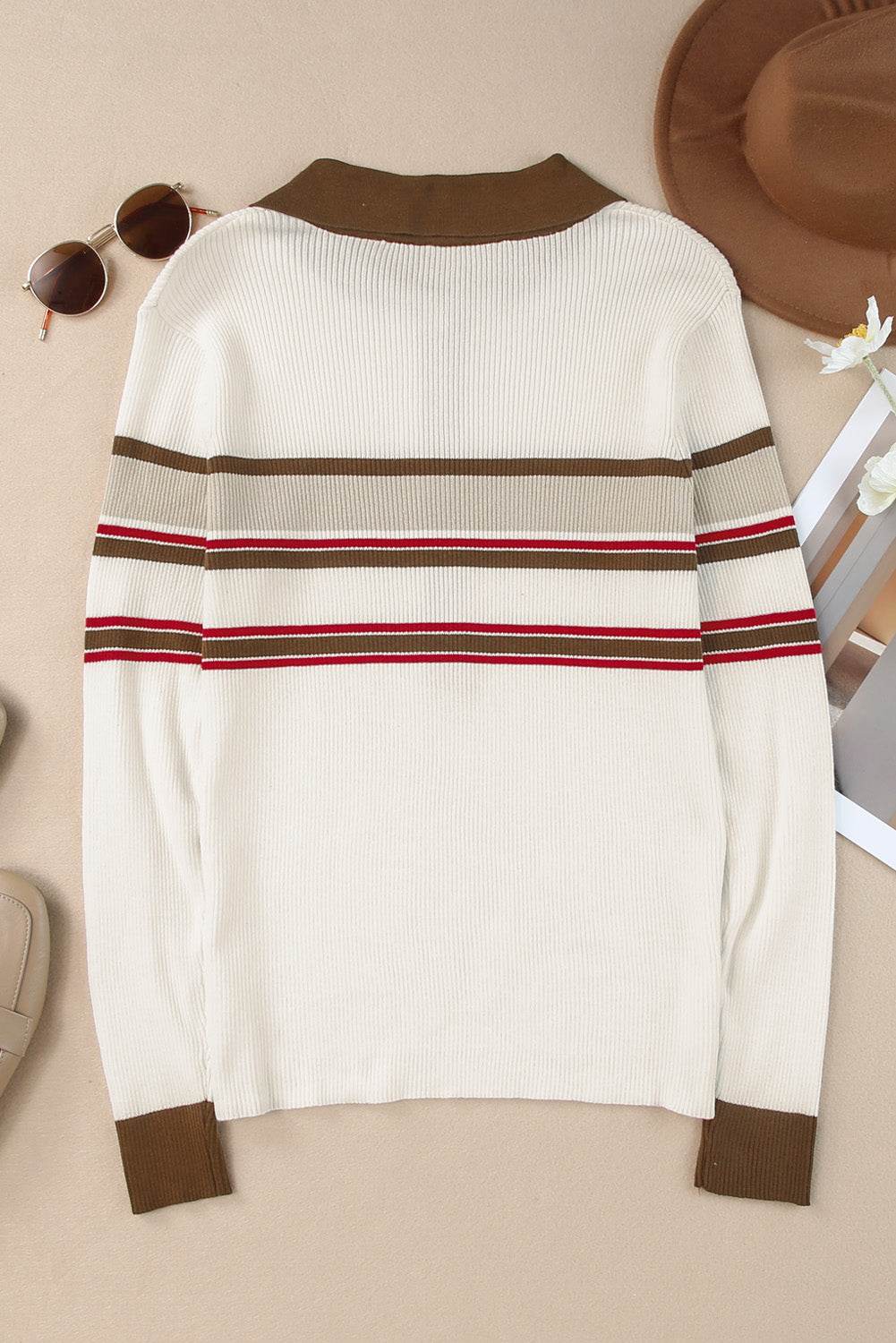 Half Button Contrast Stripe Long Sleeve Knit Top for a perfect OOTD – dress to impress outfits from Amexza