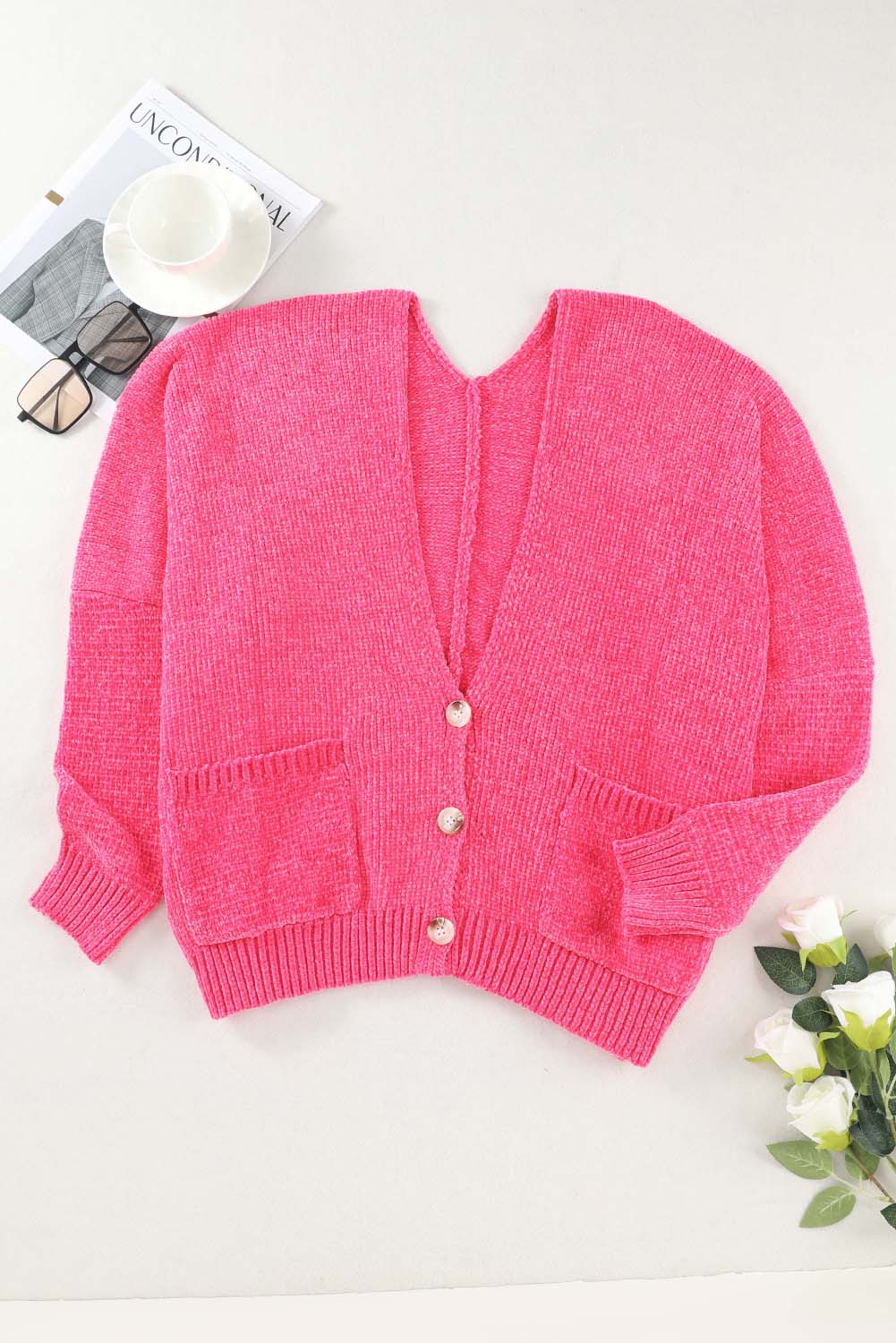 Button Down Cardigan with Pockets Hot Pink for a perfect OOTD – dress to impress outfits from Amexza