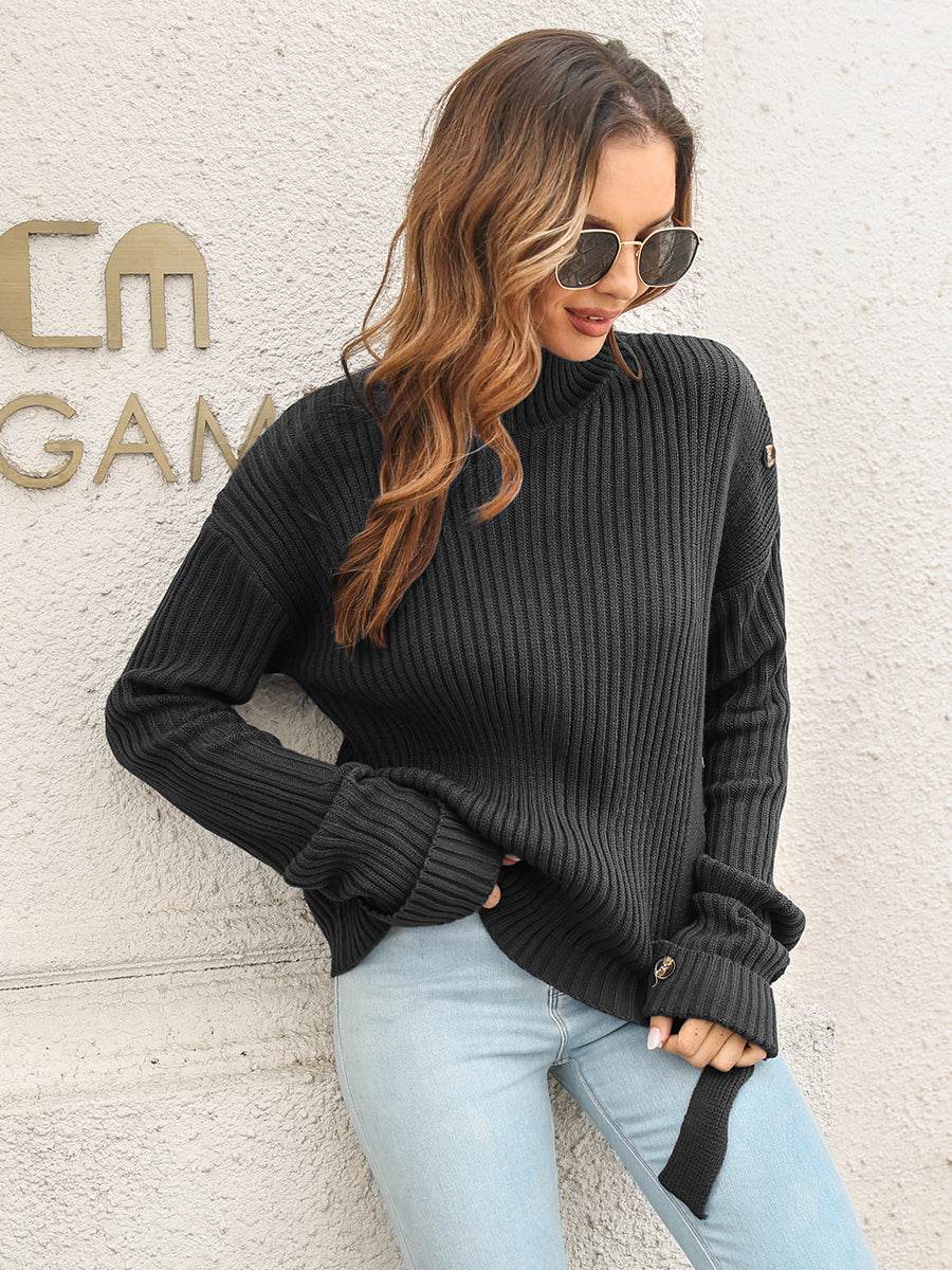 Decorative Button Slit Sweater - Amexza