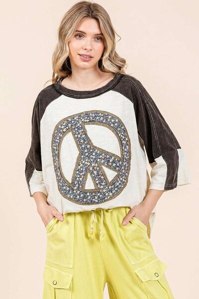 Mittoshop Peace Sign Patch Mineral Washed T-Shirt IVORY BLACK for a perfect OOTD – dress to impress outfits from Amexza