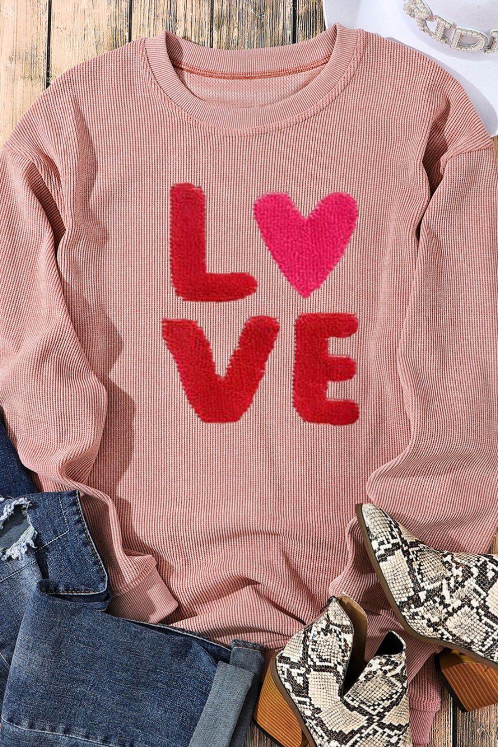 Valentine’s Day LOVE Round Neck Long Sleeve Sweatshirt for a perfect OOTD – dress to impress outfits from Amexza