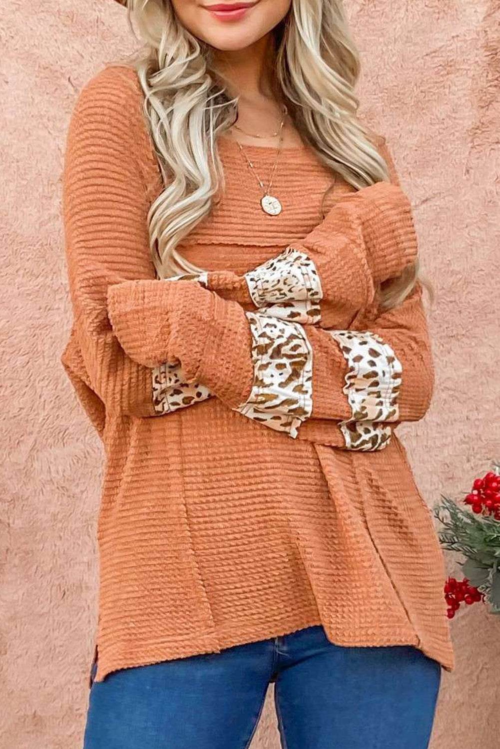 Waffle-Knit Leopard Long Sleeve Slit Blouse Sherbet for a perfect OOTD – dress to impress outfits from Amexza