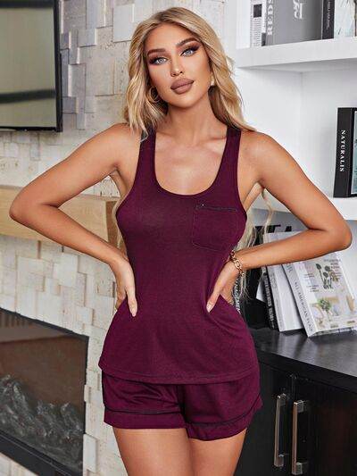 Scoop Neck Wide Strap Tank and Shorts Lounge Set Burgundy for a perfect OOTD – dress to impress outfits from Amexza