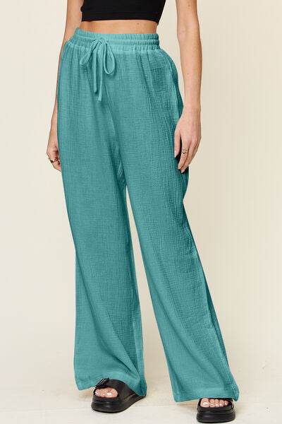 Double Take Full Size Texture Drawstring Wide Leg Pants Cerulean for a perfect OOTD – dress to impress outfits from Amexza