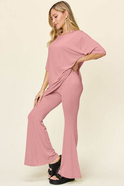 Double Take Full Size Round Neck Drop Shoulder T-Shirt and Flare Pants Set for a perfect OOTD – dress to impress outfits from Amexza