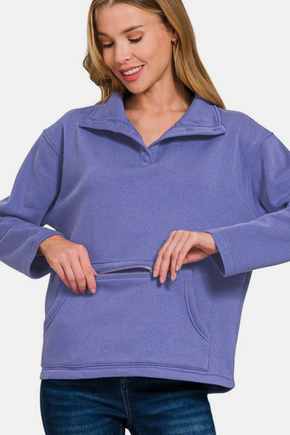 Zenana Turtleneck Half Snap Fleece Sweatshirt - Amexza