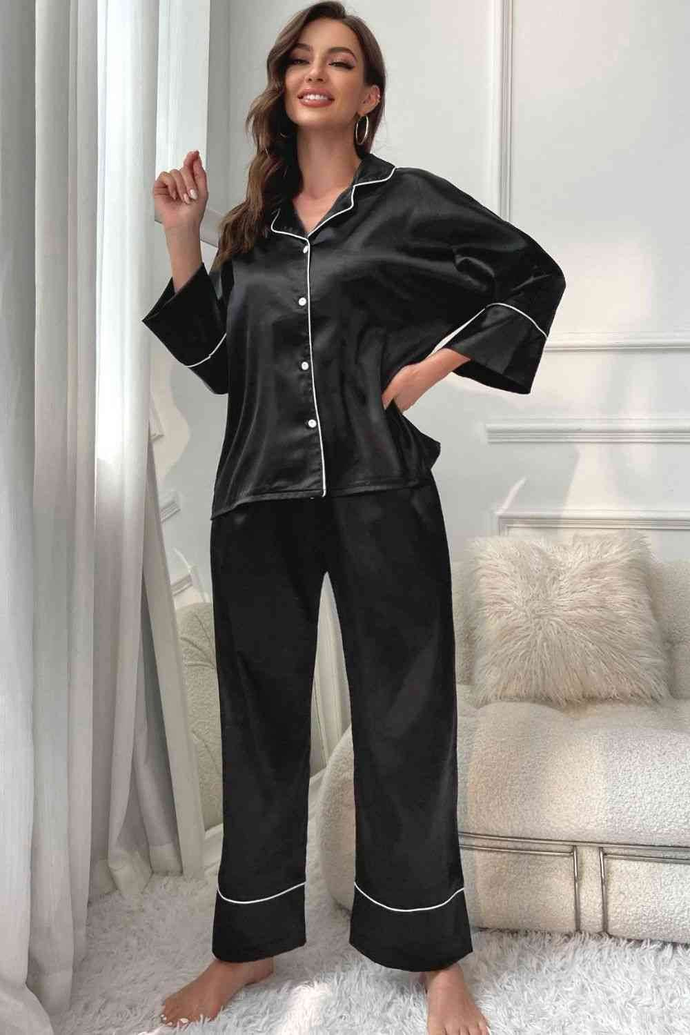 Contrast Piping Button-Up Top and Pants Pajama Set for a perfect OOTD – dress to impress outfits from Amexza