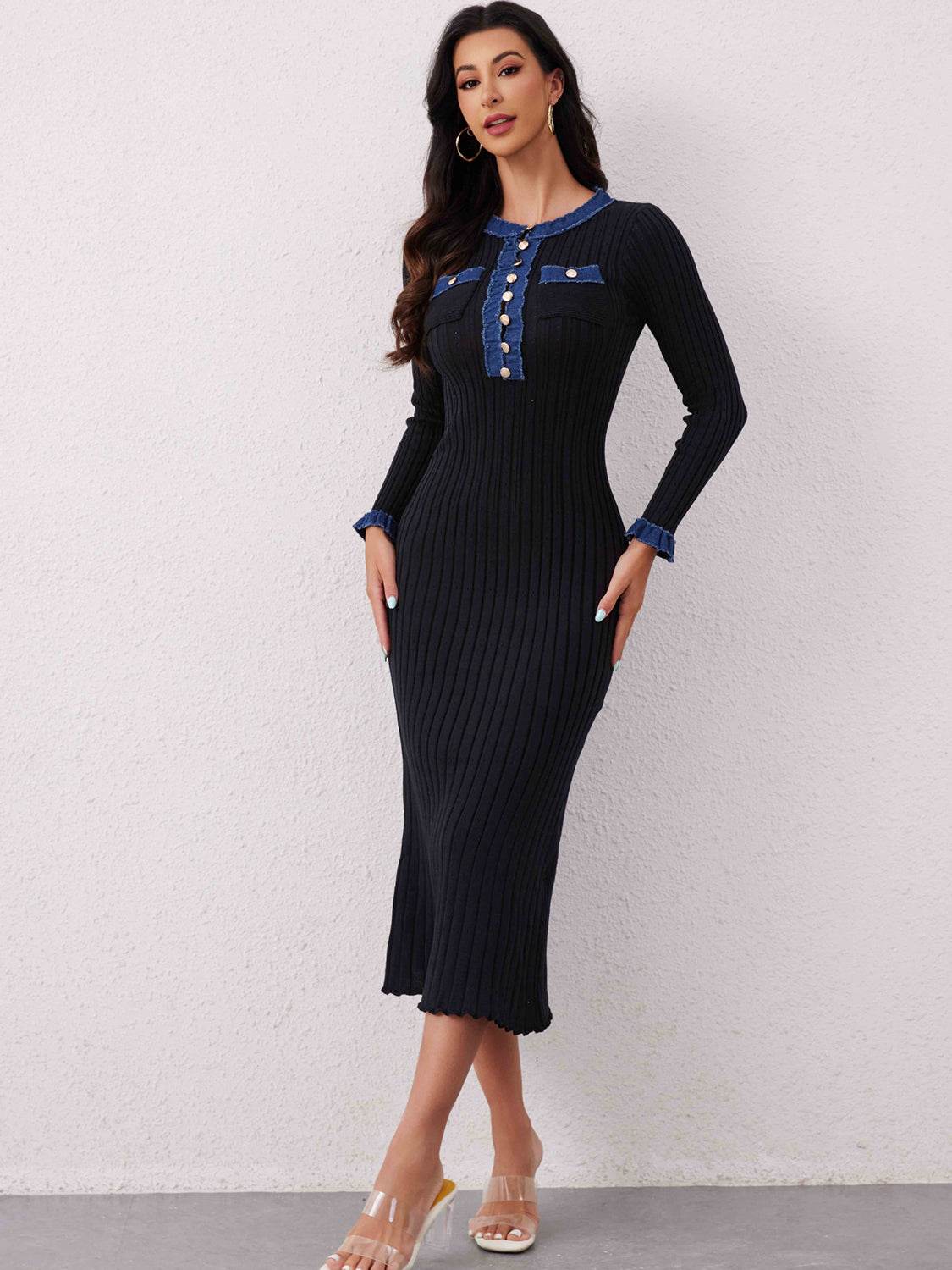 Contrast Trim Round Neck Long Sleeve Sweater Dress Black One Size for a perfect OOTD – dress to impress outfits from Amexza