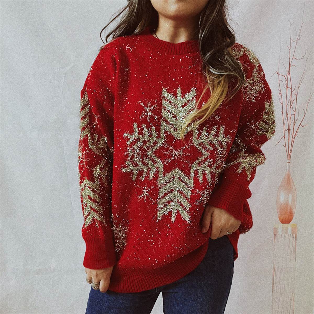 Snowflake Pattern Long Sleeve Sweater Red for a perfect OOTD – dress to impress outfits from Amexza
