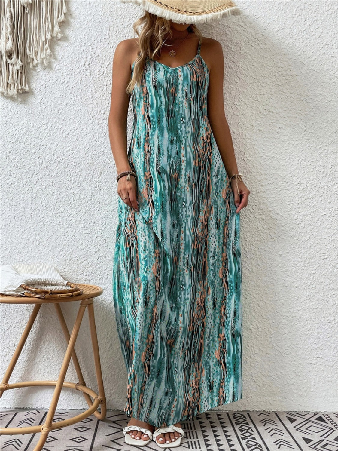 Full Size Printed Scoop Neck Maxi Cami Dress - Turquoise / S