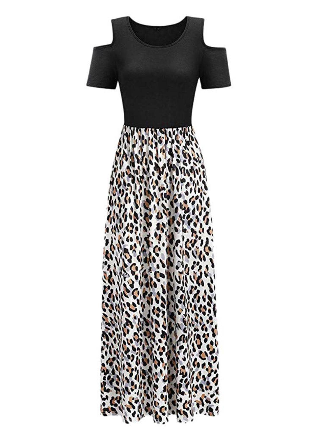 Leopard Round Neck Cold Shoulder Dress - Amexza