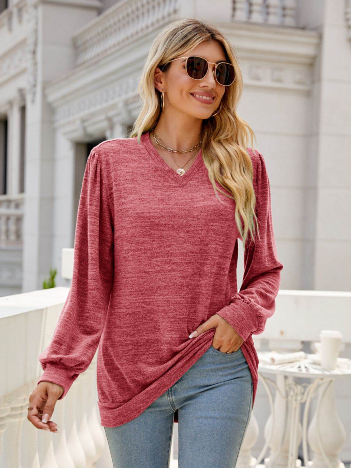 Heathered V-Neck Long Sleeve T-Shirt for a perfect OOTD – dress to impress outfits from Amexza