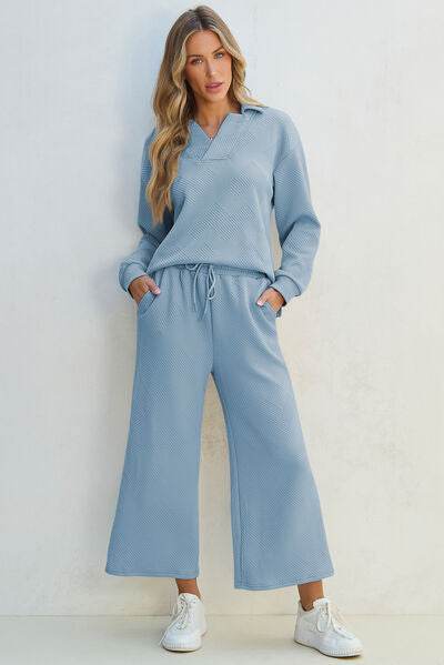 Textured Collared Neck Top and Wide Leg Pants Set - Amexza