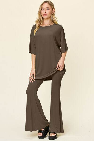 Double Take Full Size Round Neck Drop Shoulder T-Shirt and Flare Pants Set Mocha for a perfect OOTD – dress to impress outfits from Amexza