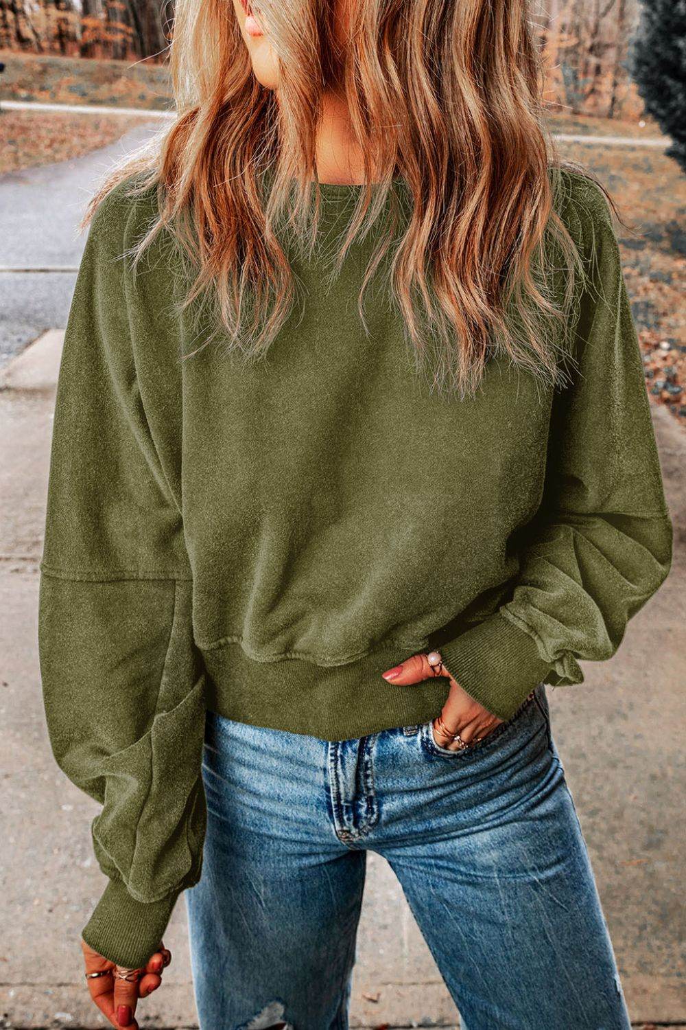 Cutout Round Neck Long Sleeve Sweatshirt for a perfect OOTD – dress to impress outfits from Amexza