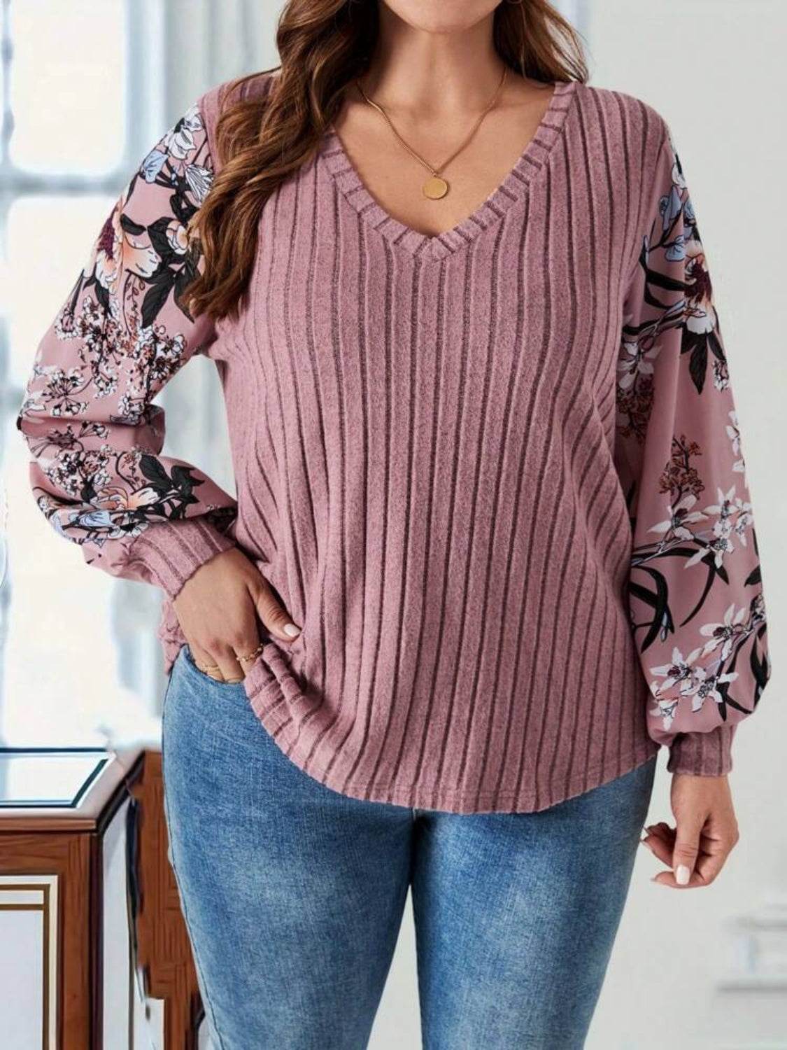 Plus Size Printed V-Neck Long Sleeve T-Shirt for a perfect OOTD – dress to impress outfits from Amexza