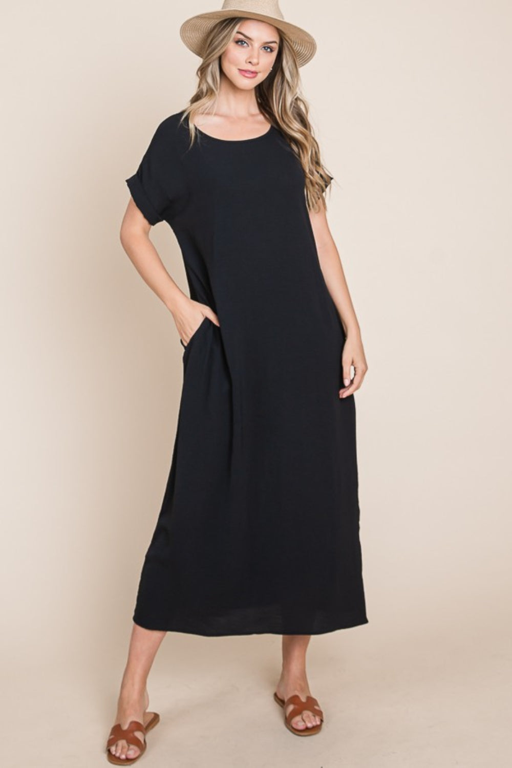 BOMBOM Round Neck Short Sleeve Midi Dress with Pockets