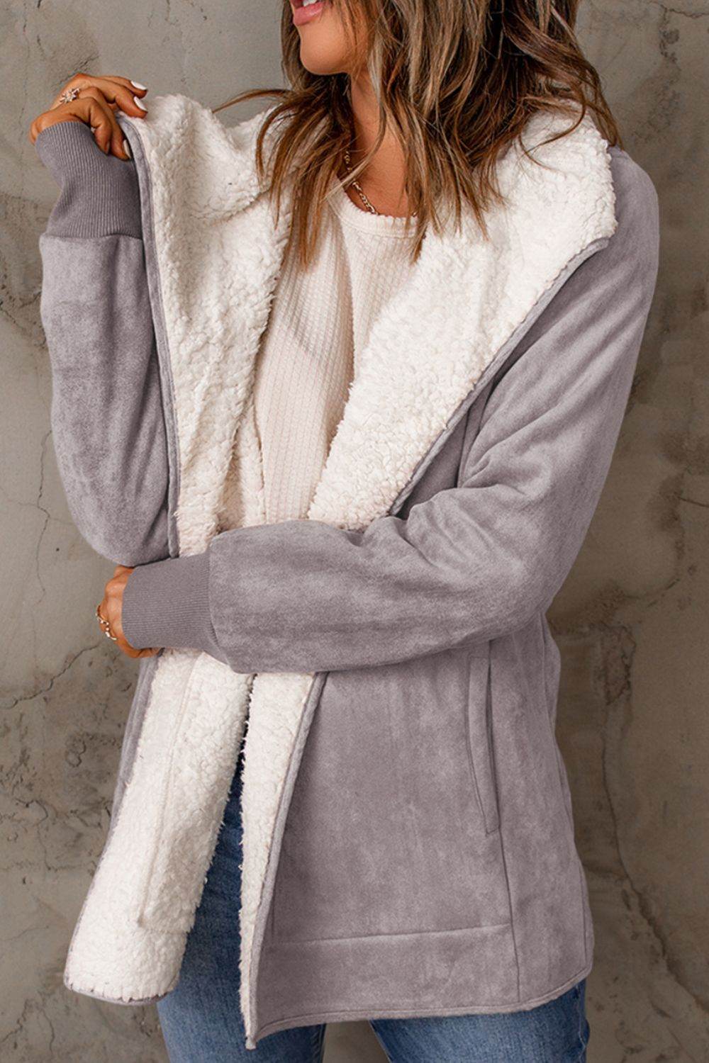 Open Front Long Sleeve Sherpa Jacket for a perfect OOTD – dress to impress outfits from Amexza