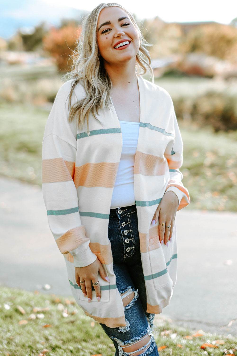 Plus Size Striped Open Front Cardigan for a perfect OOTD – dress to impress outfits from Amexza