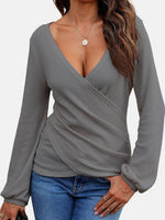 Waffle Knit Surplice Long Sleeve T-Shirt - Amexza