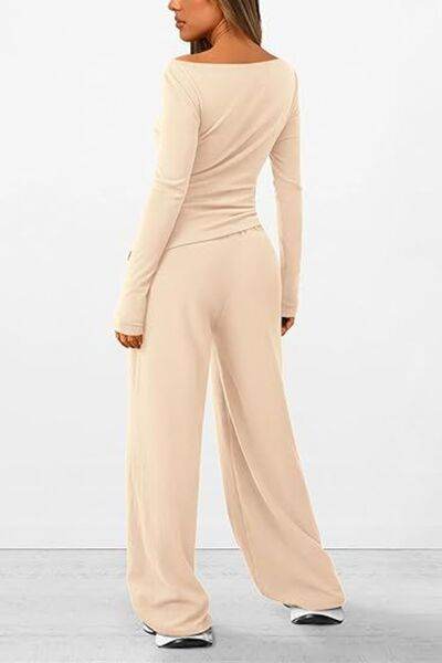 Round Neck Long Sleeve Top and Pants Set - Amexza