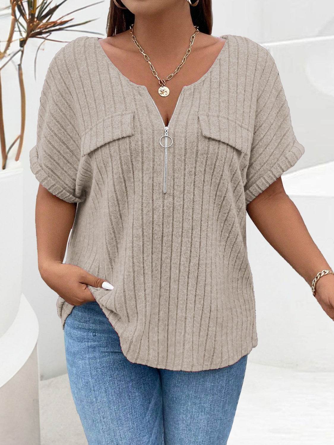 Plus Size Half Zip Short Sleeve T-Shirt Khaki for a perfect OOTD – dress to impress outfits from Amexza