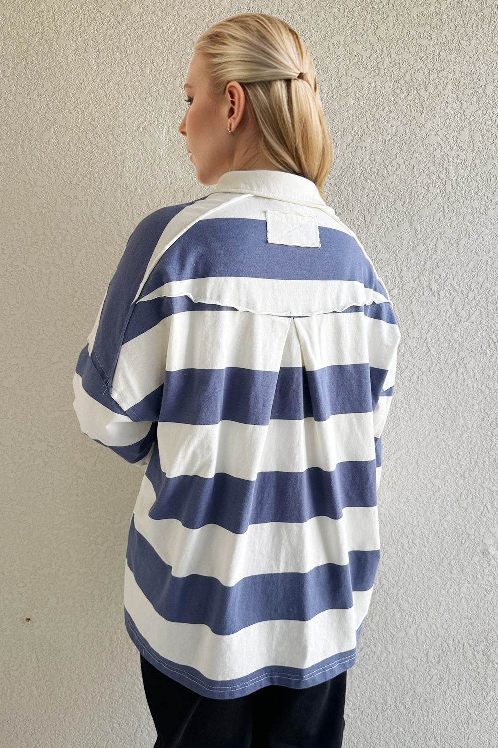 Oh Pima Cotton Wash Wide Striped Collared Neck Long Sleeve Top for a perfect OOTD – dress to impress outfits from Amexza