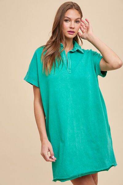 Annie Wear Mineral Washed Johnny Collar Short Sleeve Dress Turquoise for a perfect OOTD – dress to impress outfits from Amexza