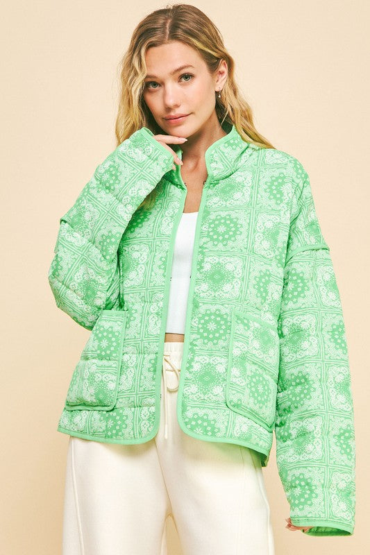 Davi & Dani Vintage Print Open Front Jacket with Pockets Neon Green for a perfect OOTD – dress to impress outfits from Amexza