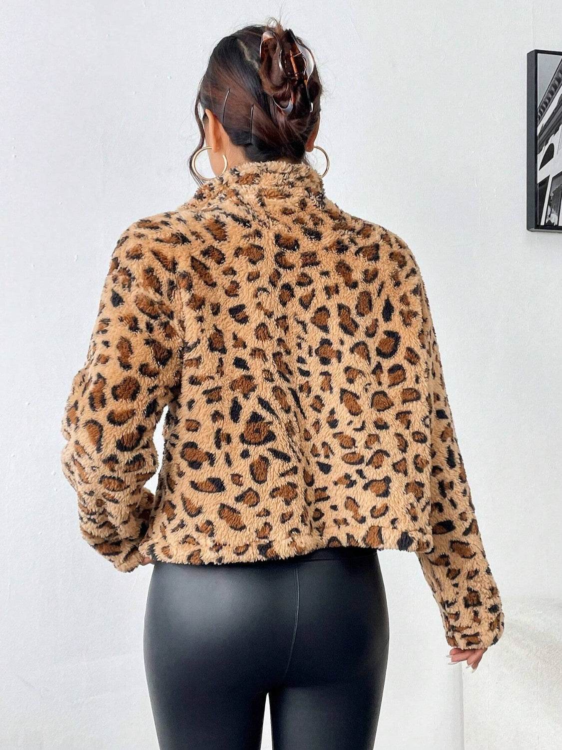 Fuzzy Turtleneck Leopard Zip Up Jacket for a perfect OOTD – dress to impress outfits from Amexza