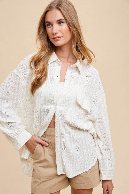 Annie Wear Openwork Button Down Drop Shoulder Shirt Ivory for a perfect OOTD – dress to impress outfits from Amexza