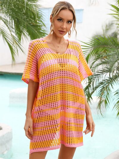 Angel Wings Tassel Openwork Striped V-Neck Cover Up Tangerine One Size for a perfect OOTD – dress to impress outfits from Amexza