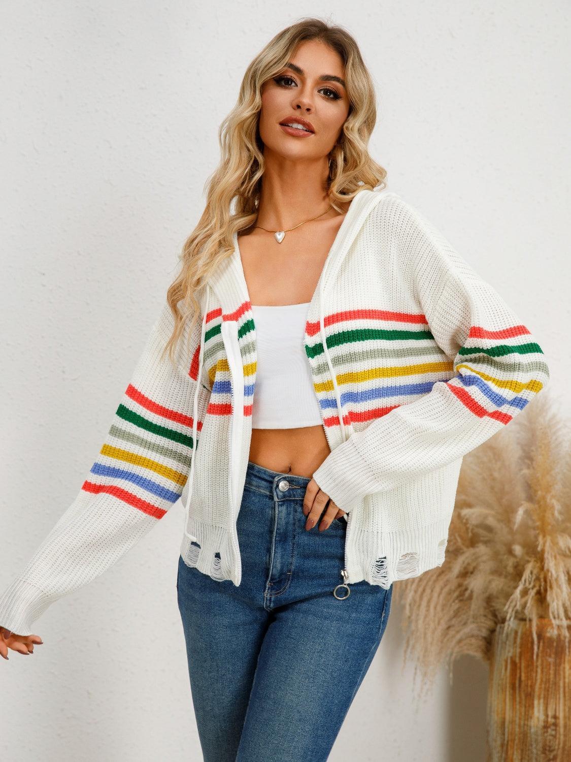 Drawstring Striped Dropped Shoulder Hooded Cardigan White for a perfect OOTD – dress to impress outfits from Amexza