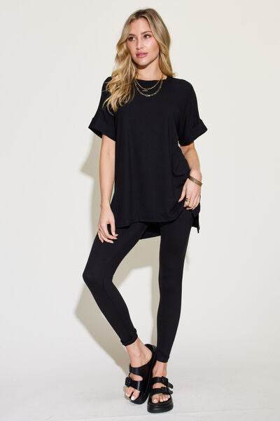 Zenana Plus Size Short Sleeve Slit T-Shirt and Leggings Lounge Set Black for a perfect OOTD – dress to impress outfits from Amexza