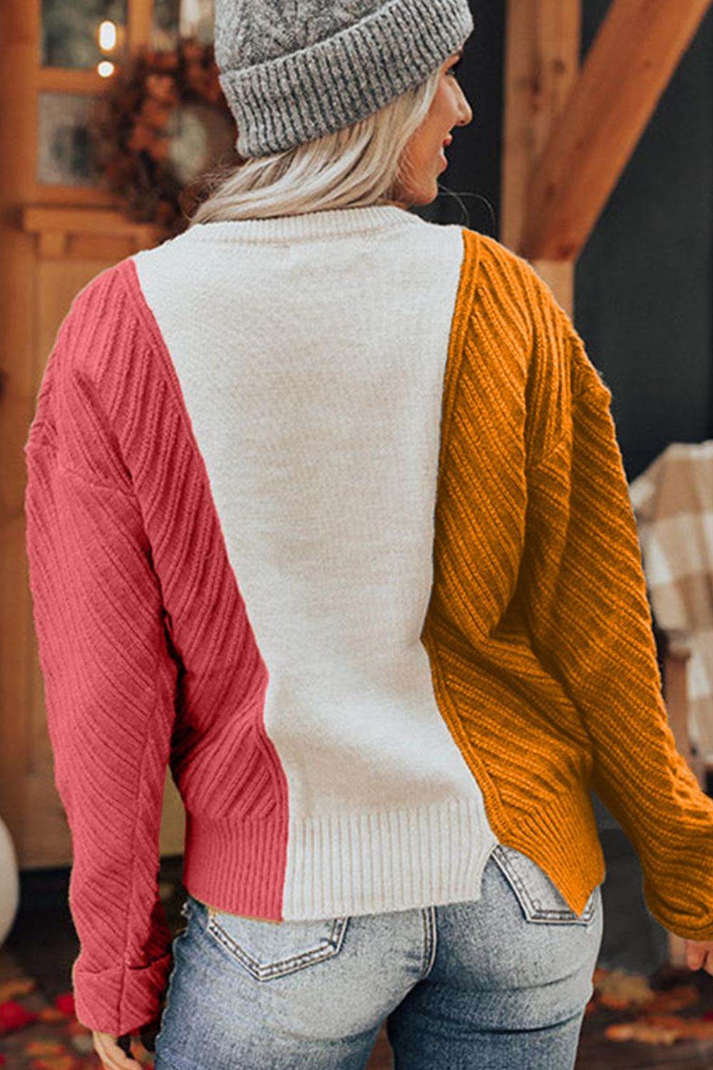 Color Block Textured Drop Shoulder Sweater - Amexza