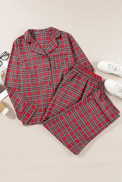 Plus Size Plaid Collared Neck Top and Pants Lounge Set for a perfect OOTD – dress to impress outfits from Amexza